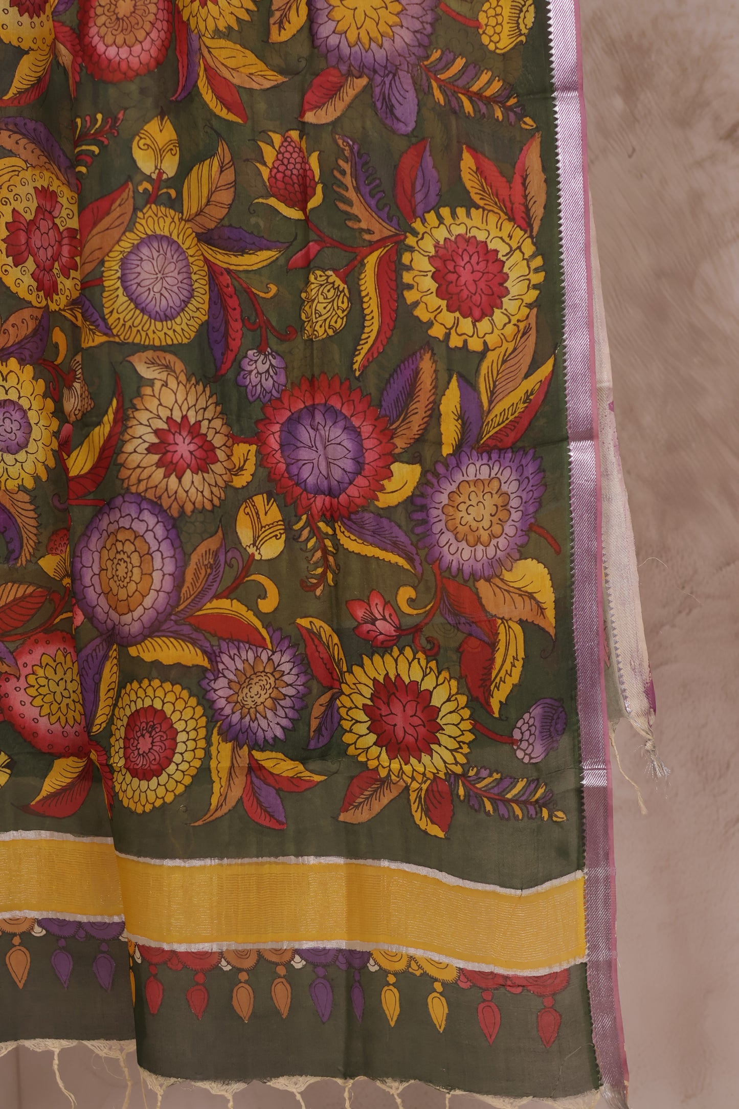 Green Pen Kalamkari Mangalagiri silk Dupatta