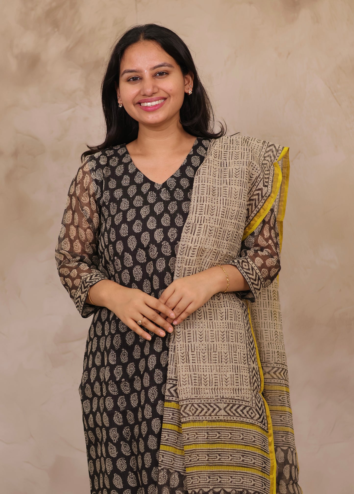 Black Handblock printed kota 3 piece suit (stitched)