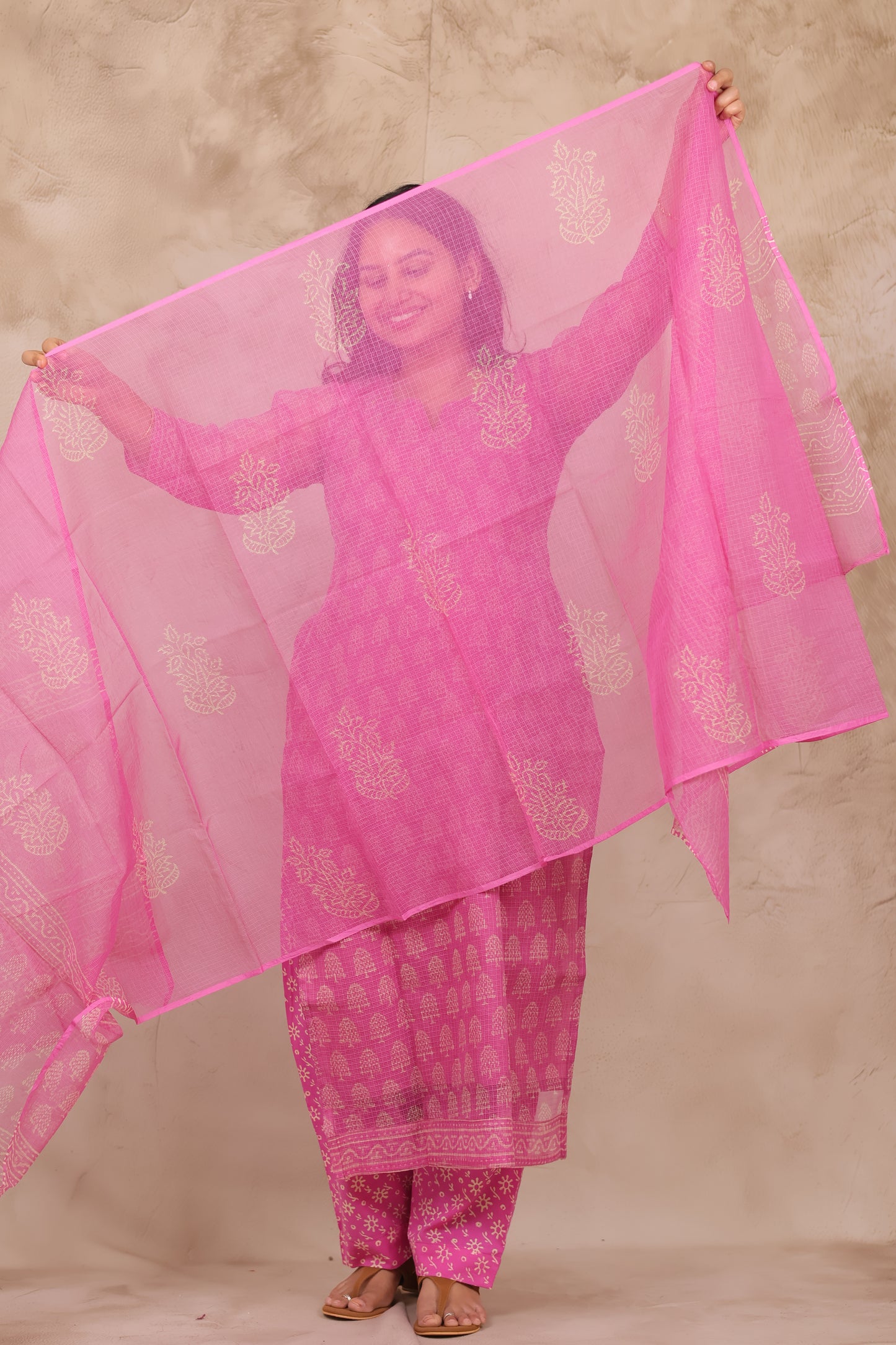 Pastel Pink Bagru Handblock printed kota 3 piece suit (stitched)
