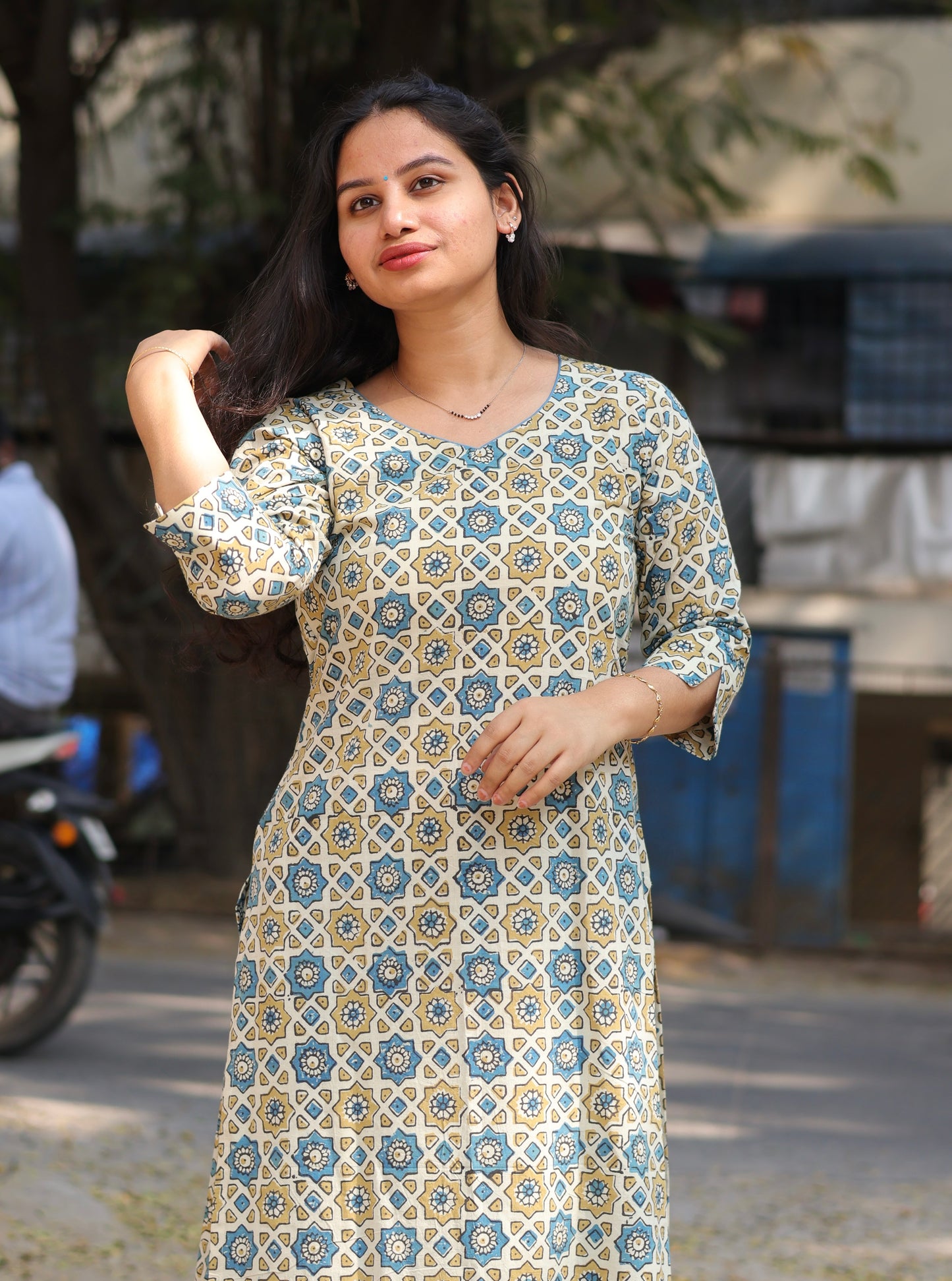 Cream Ajrakh Hand Block Printed Kurti