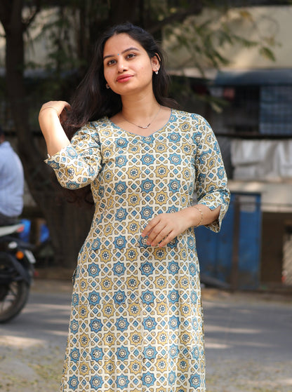 Cream Ajrakh Hand Block Printed Kurti
