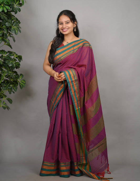 Magenta Checks Narayanpet Cotton Saree with Traditional contrast Border | Looms & Tassels
