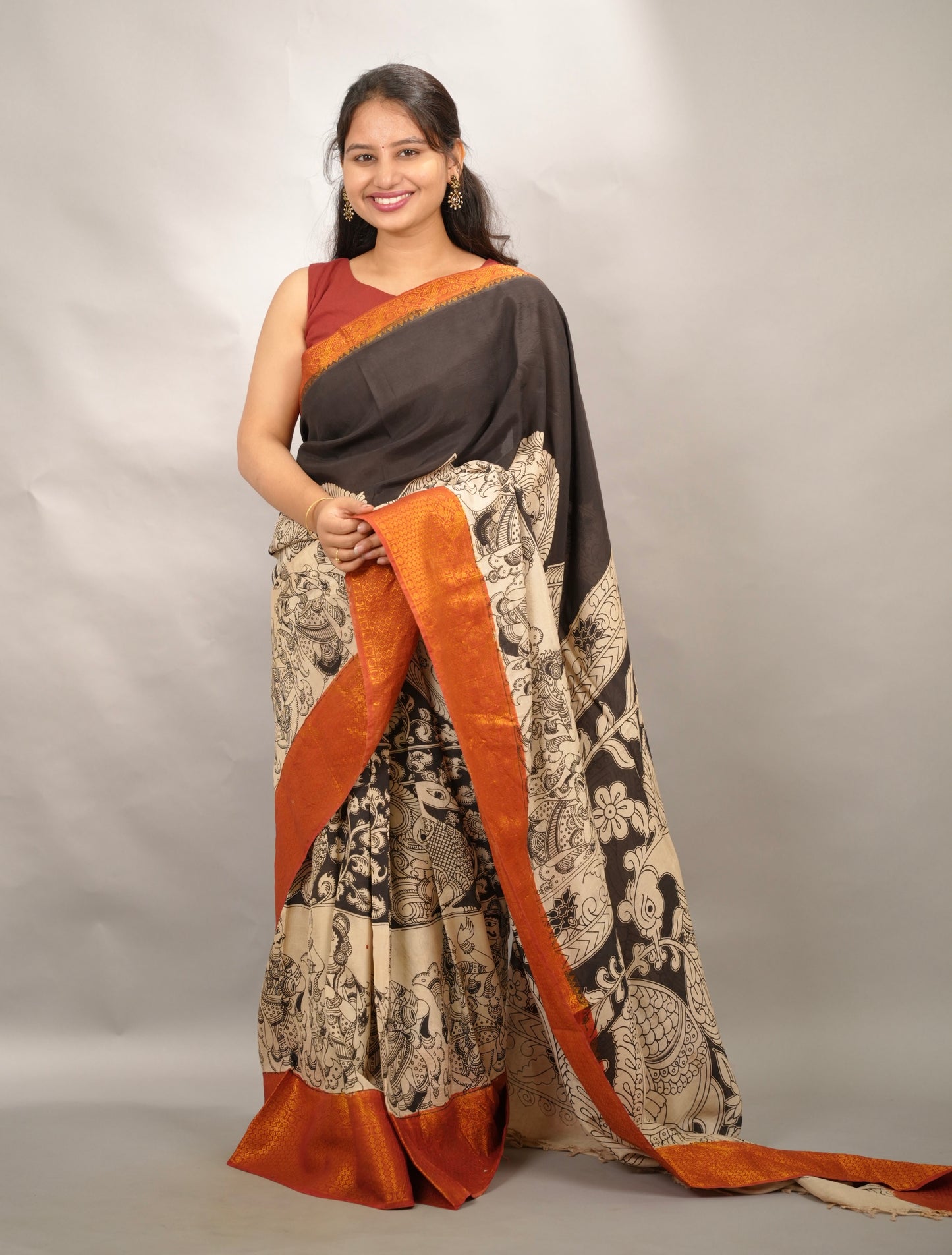 Black Story Telling Kanchi border Kalamkari chennur silk saree