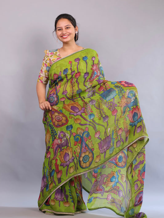 Green Hand Painted Pen Kalamkari Organza Saree