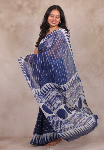 Indigo Chiffon Hand Block Printed Saree | Looms & Tassels
