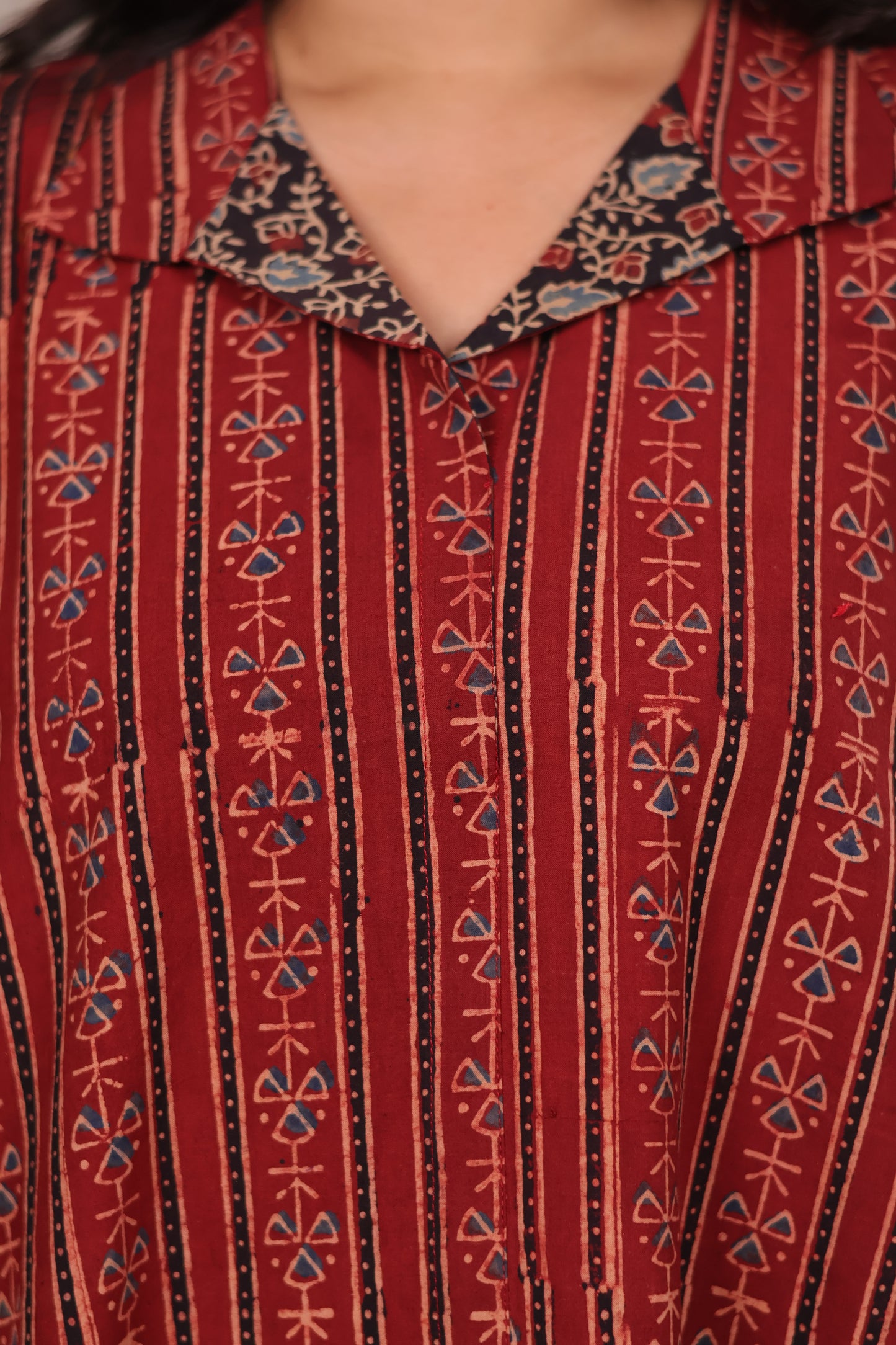 Red Ajrakh Handblock Printed Cotton Kaftan shirt dress – Elegant & Breathable Ethnic Wear | Looms & Tassels