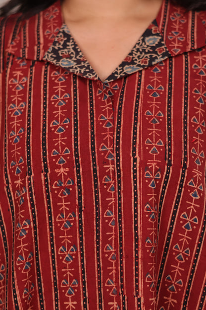 Red Ajrakh Handblock Printed Cotton Kaftan shirt dress – Elegant & Breathable Ethnic Wear | Looms & Tassels