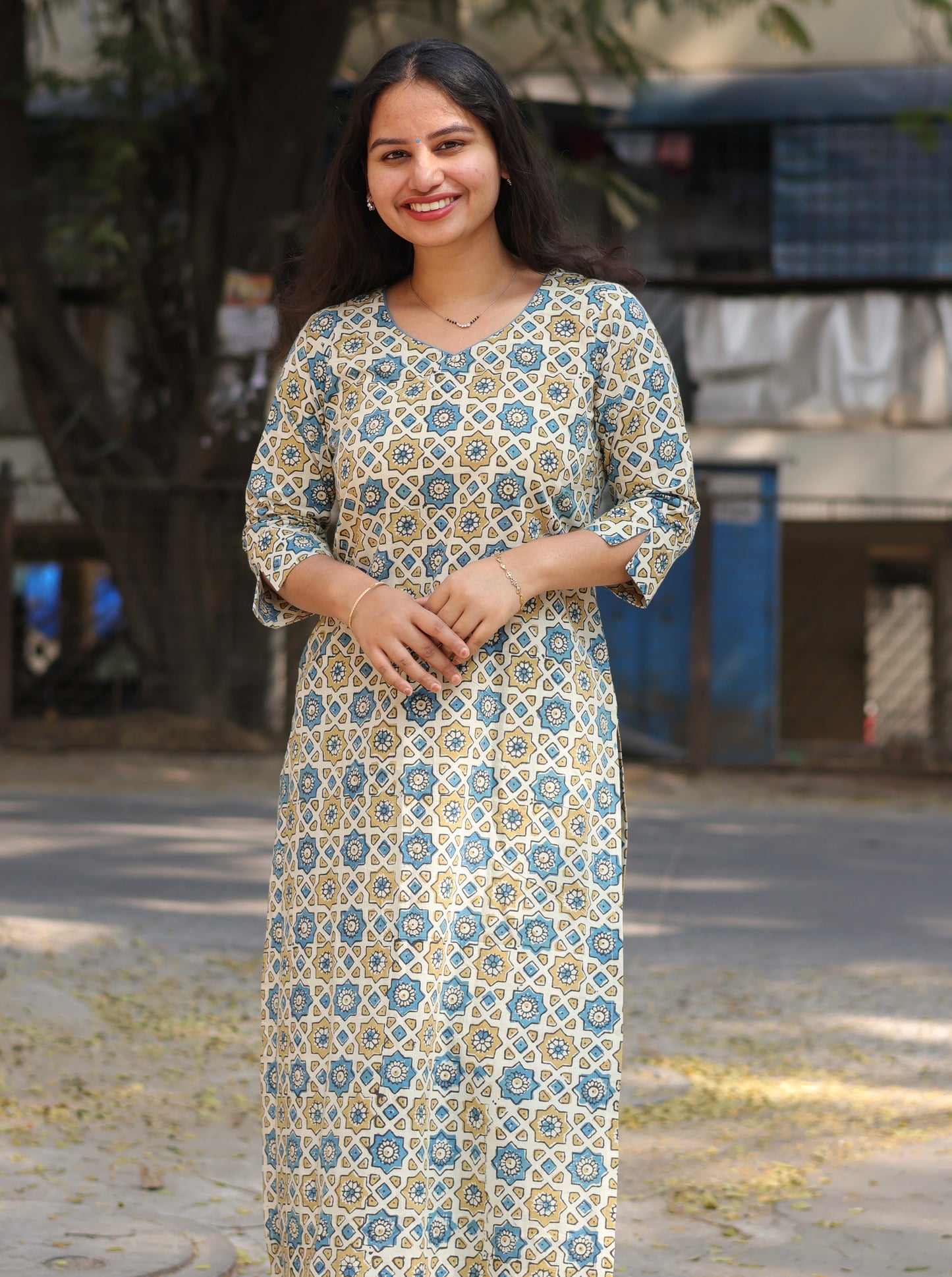 Cream Ajrakh Hand Block Printed Kurti