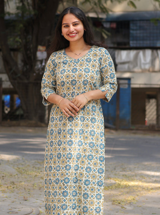 Cream Ajrakh Hand Block Printed Kurti