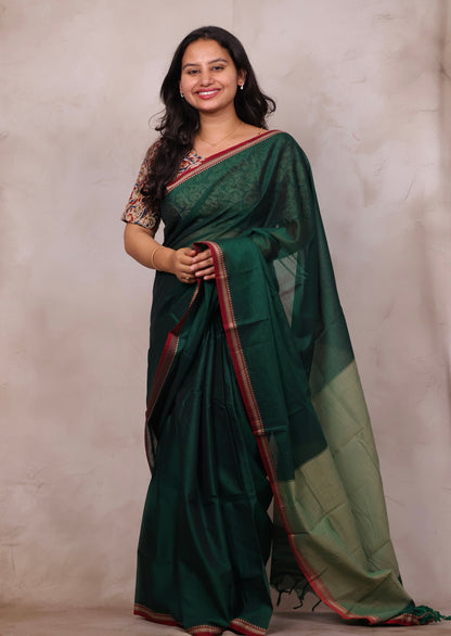 Bottle Green Narayanpet Cotton Saree | Looms & Tassels