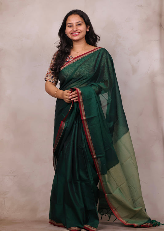 Bottle Green Narayanpet Cotton Saree | Looms & Tassels