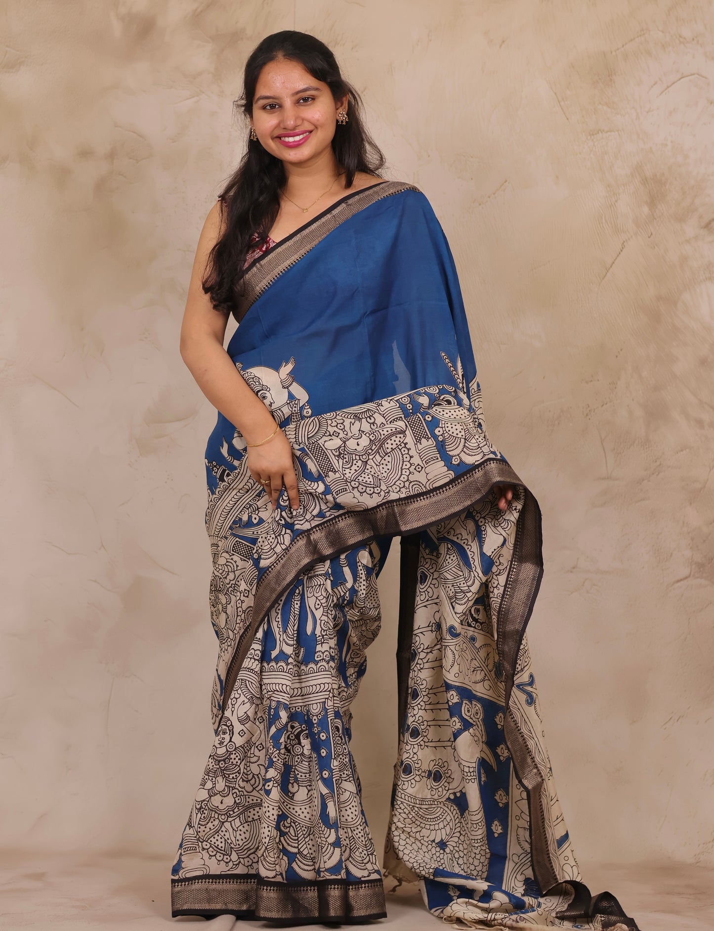 Cyan Blue Story Telling Kalamkari Nizam Border Chennur Silk Saree | Looms & Tassels