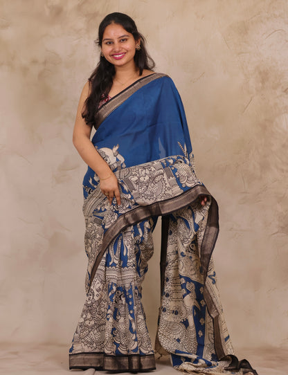 Cyan Blue Story Telling Kalamkari Nizam Border Chennur Silk Saree | Looms & Tassels