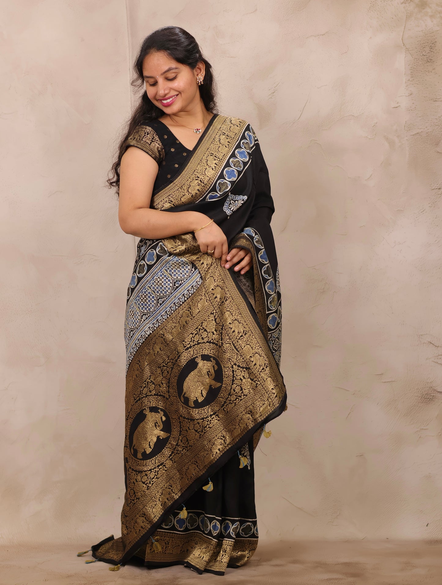 Black Ajrakh Handblock printed Dola Silk Saree | Looms & Tassels