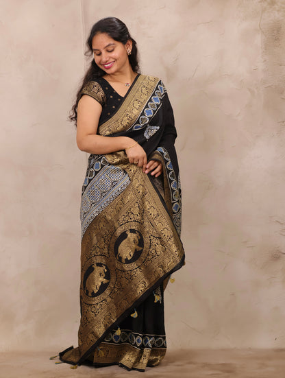 Black Ajrakh Handblock printed Dola Silk Saree | Looms & Tassels
