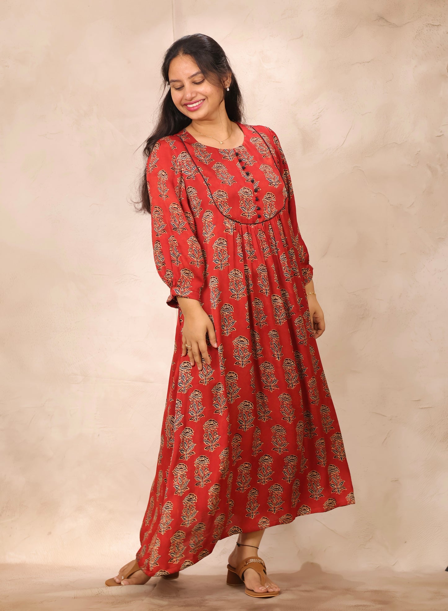 Red Ajrakh Modal Silk Aline Dress | Looms & Tassels