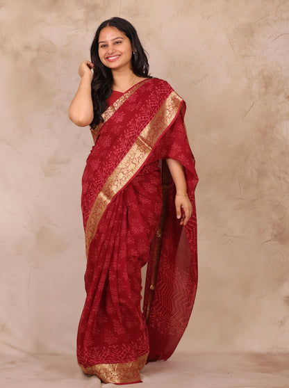 Chiffon Hand Block Printed Saree with Jari Border | Looms & Tassels