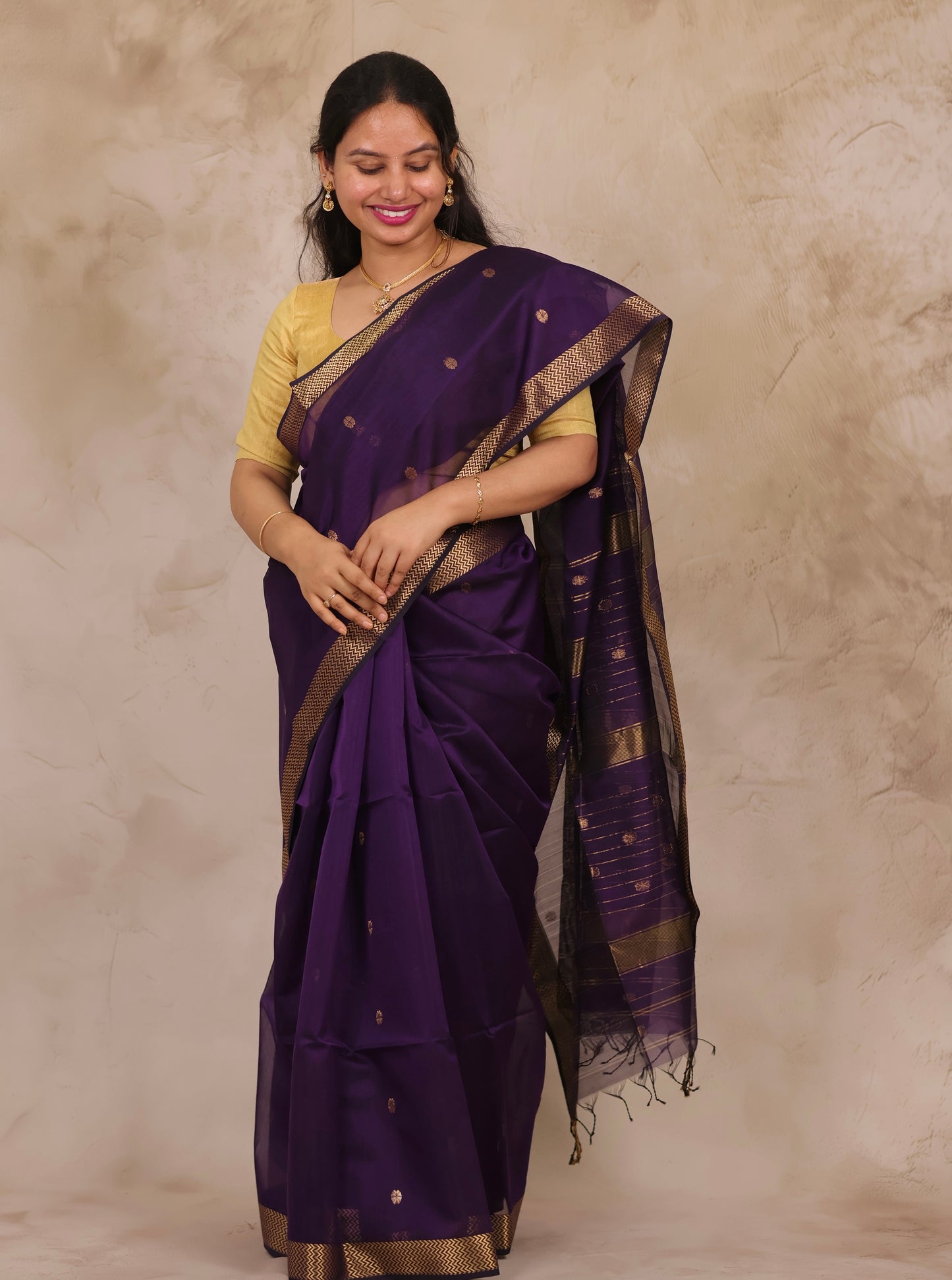 Purple Handloom Maheswari Silk Cotton Sarees | Looms & Tassels