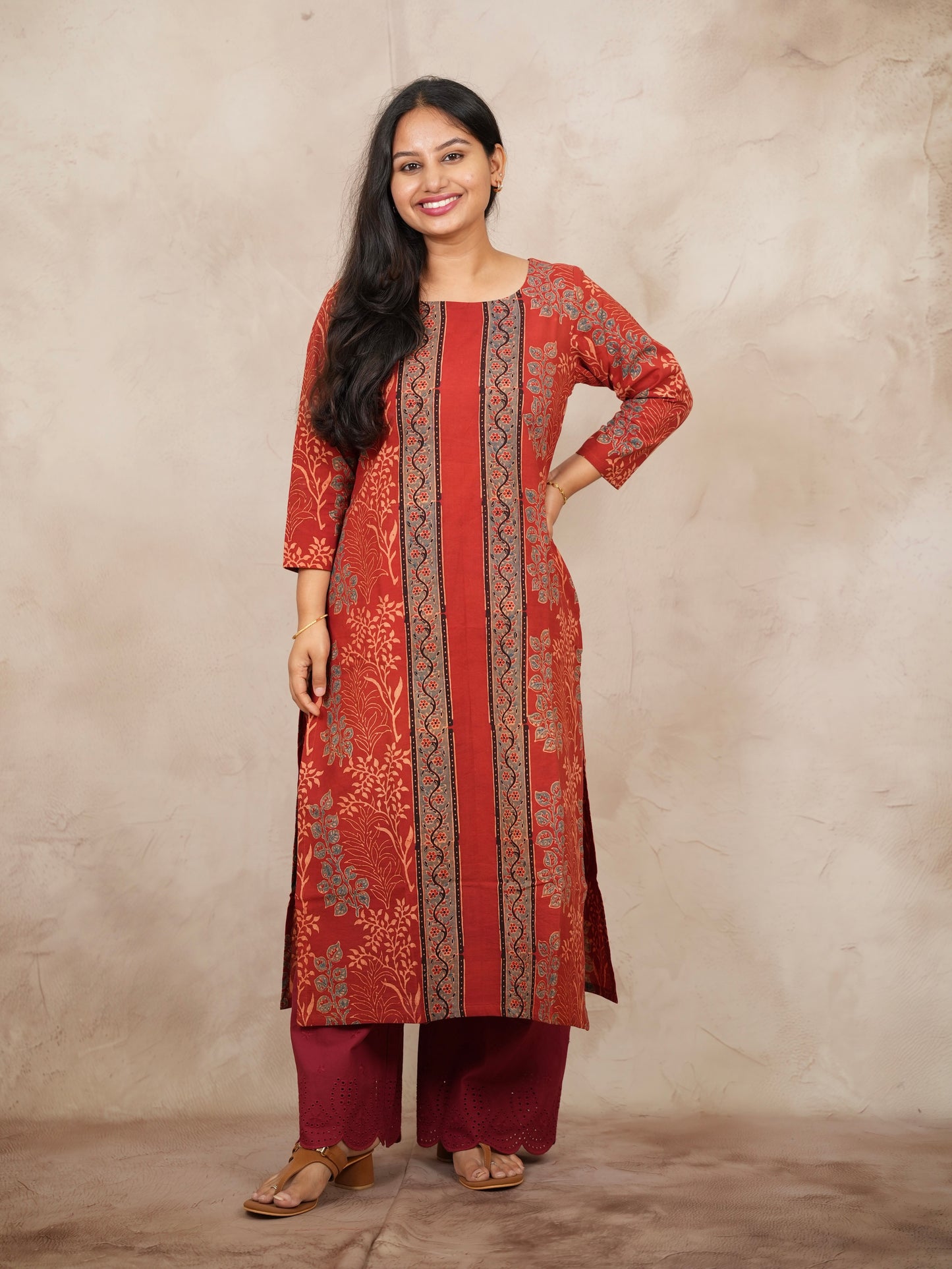 Red Ajrakh Pattern Hand Block printed Kurti | Looms & Tassels