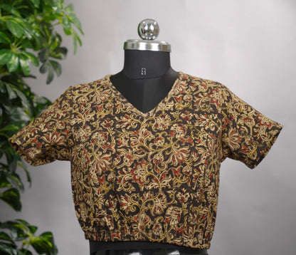 V Neck Stretchable Hand block printed kalamkari blouse (small hands) | Looms & Tassels