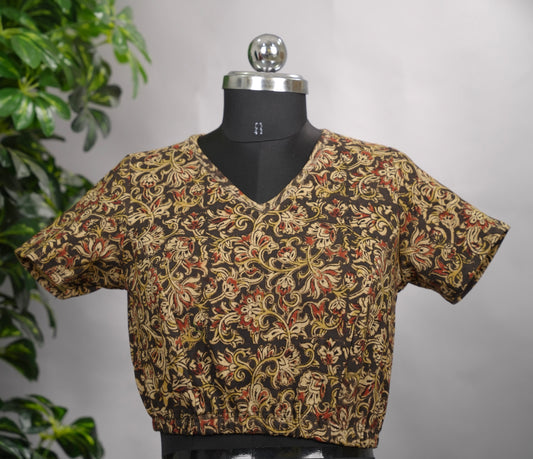 V Neck Stretchable Hand block printed kalamkari blouse (small hands) | Looms & Tassels