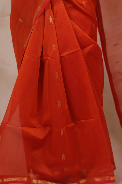 Orange Handloom Maheswari Silk Cotton Sarees | Looms & Tassels