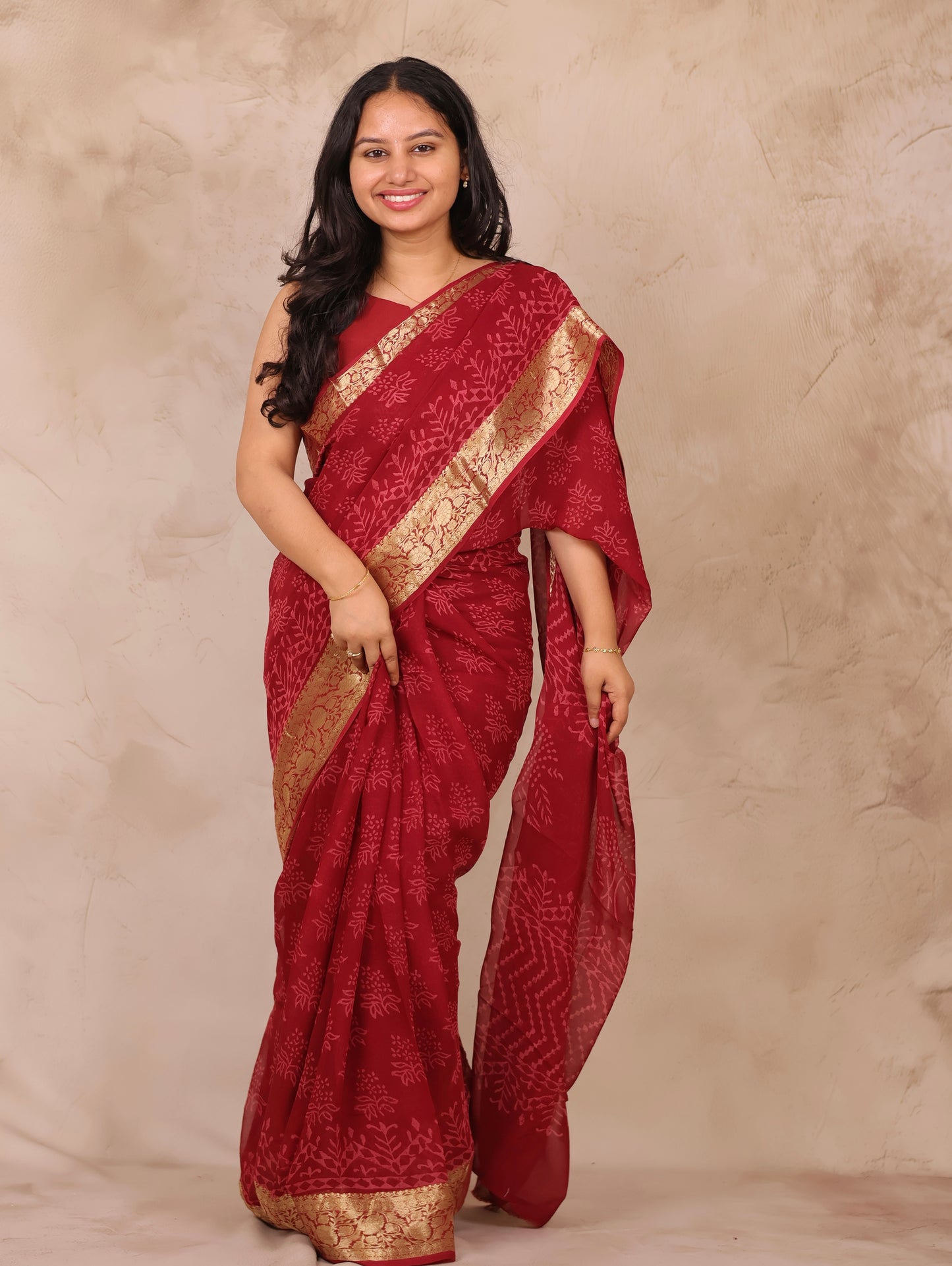Chiffon Hand Block Printed Saree with Jari Border | Looms & Tassels