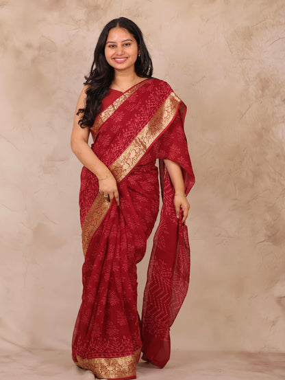 Chiffon Hand Block Printed Saree with Jari Border | Looms & Tassels