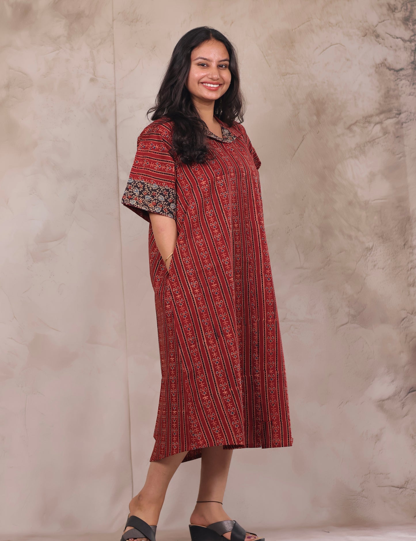 Red Ajrakh Handblock Printed Cotton Kaftan shirt dress – Elegant & Breathable Ethnic Wear | Looms & Tassels