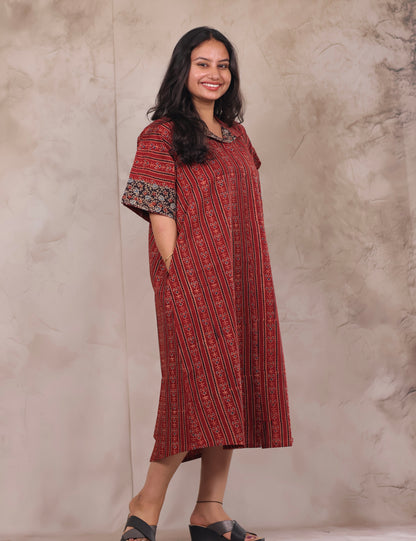 Red Ajrakh Handblock Printed Cotton Kaftan shirt dress – Elegant & Breathable Ethnic Wear | Looms & Tassels