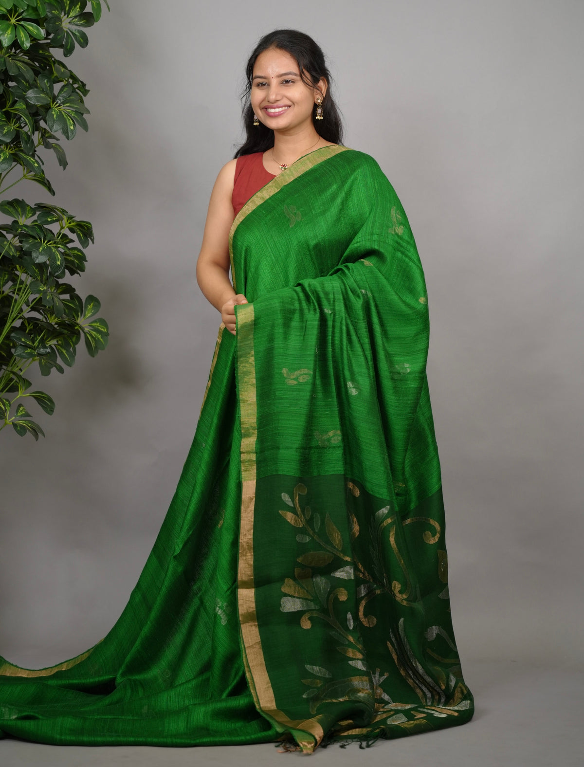 Green Handloom Jamdhani Pure Matka Silk Saree with Muslin Silk Pallu