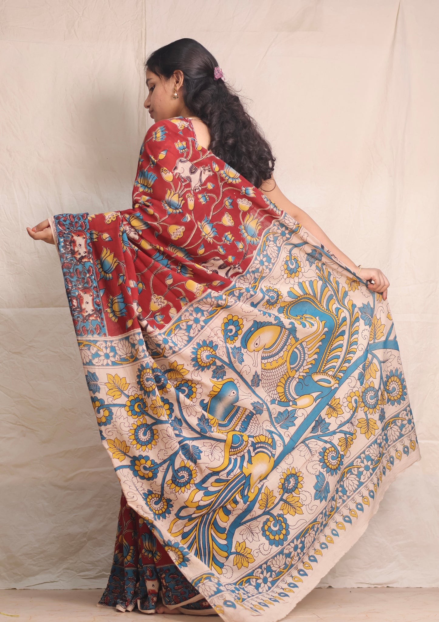 Red Pichwai Kalamkari Cotton Saree