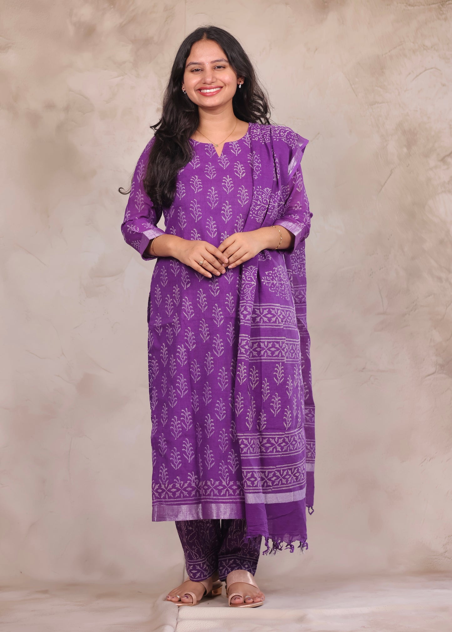 Purple Linen Cotton Handblock printed 3 piece suit (stitched)