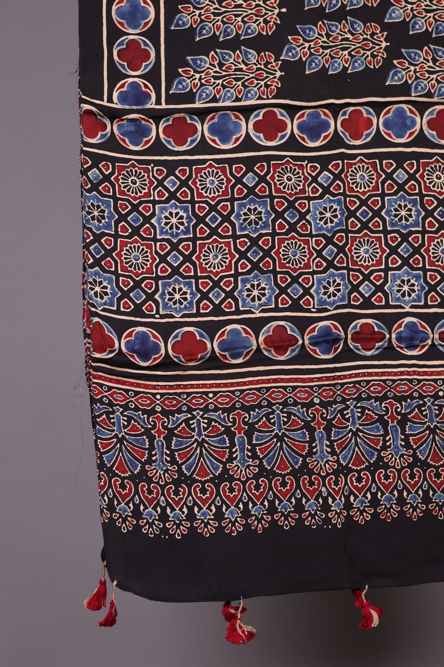Black Ajrakh Hand Block Printed Modal Silk Stole | Looms & Tassels
