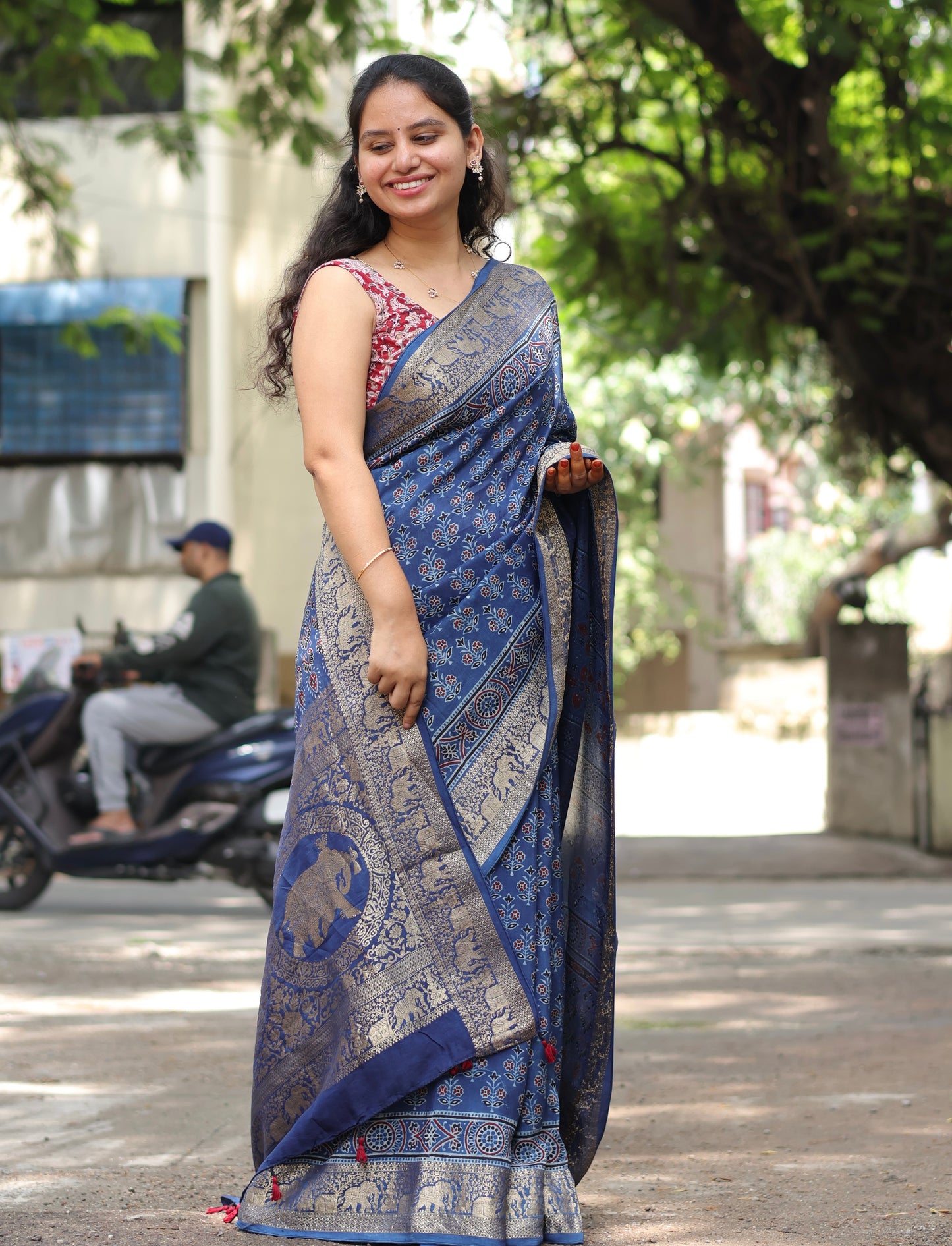 Indigo Ajrakh Dola Silk Saree