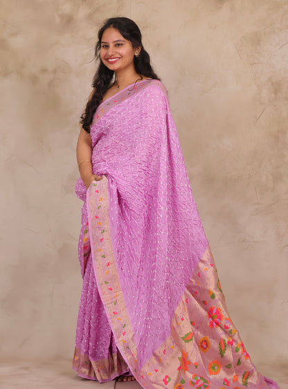 Pastel Lavender Handcrafted Bandhani Paithani Dola Silk Saree | Looms & Tassels
