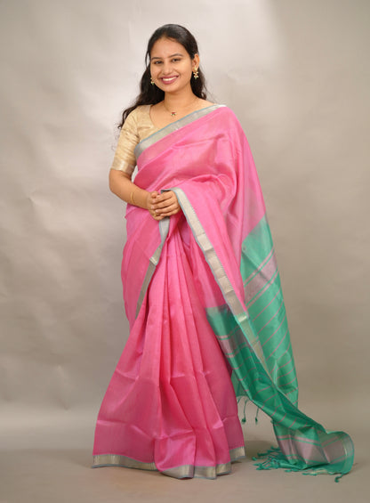 Baby Pink & Seagreen Handloom Mangalagiri Silk Saree| Looms & Tassels