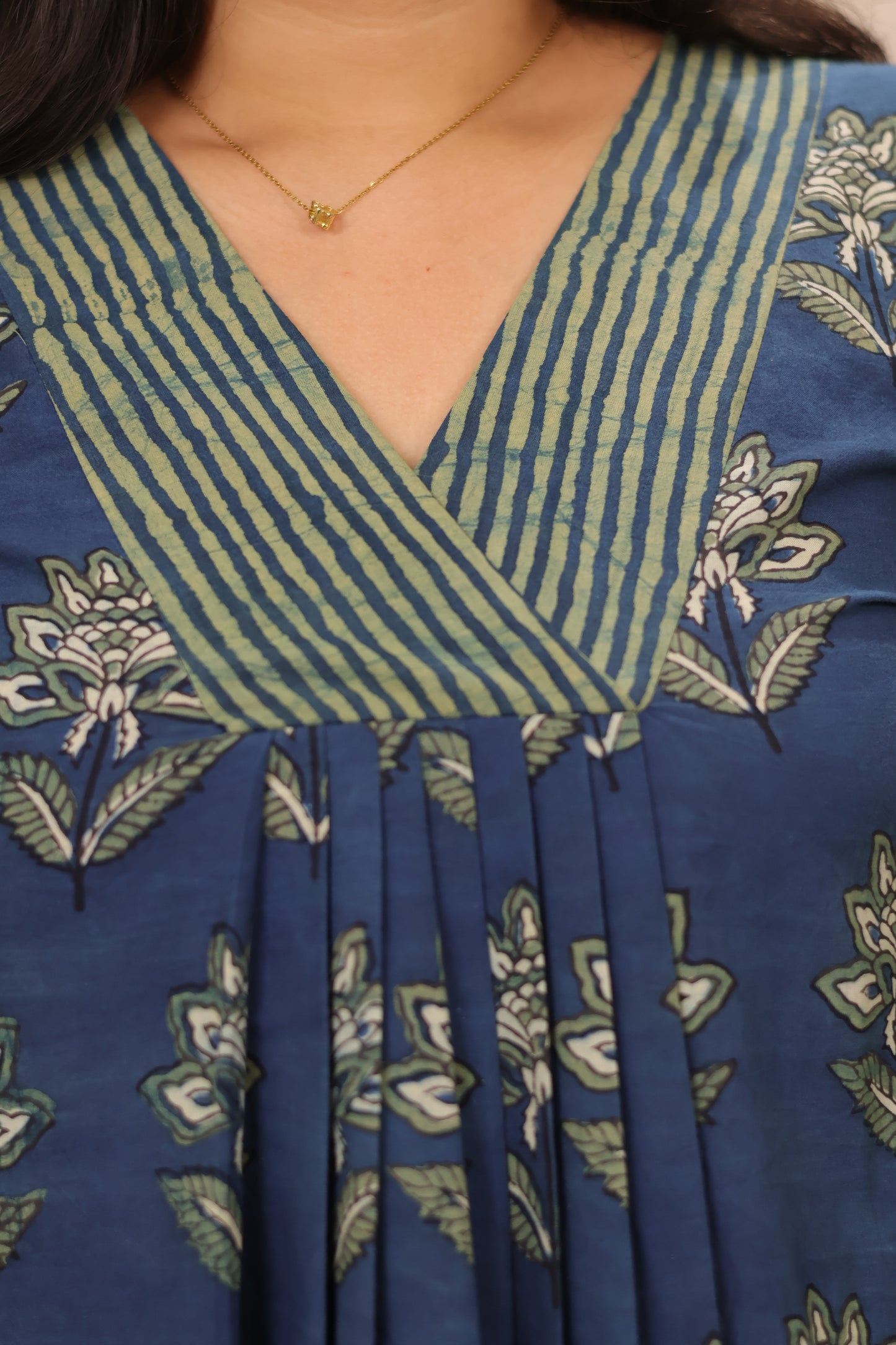 Indigo Pure Mul Cotton Ajrakh Patchwork Aline Kurta | Looms & Tassels