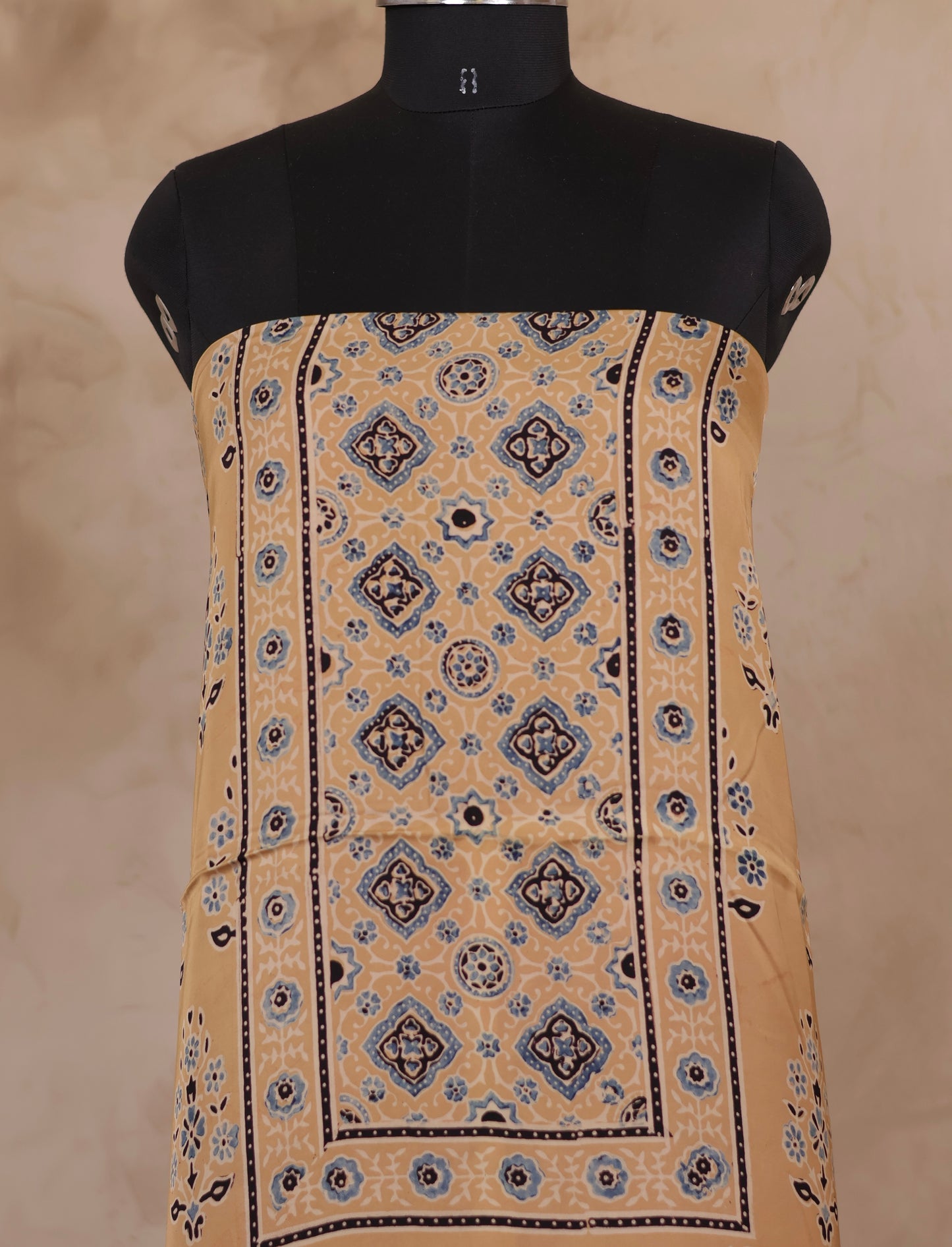 Cream Ajrakh Hand Block Printed Natural Dyed Modal Silk 2 Piece Suit Set | Looms & Tassels