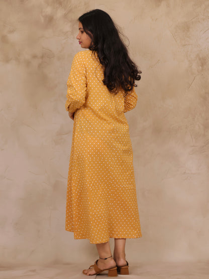 Mustard Yellow Polka Dot Pure Mul Cotton A-Line Shirt Dress | Looms & Tassels