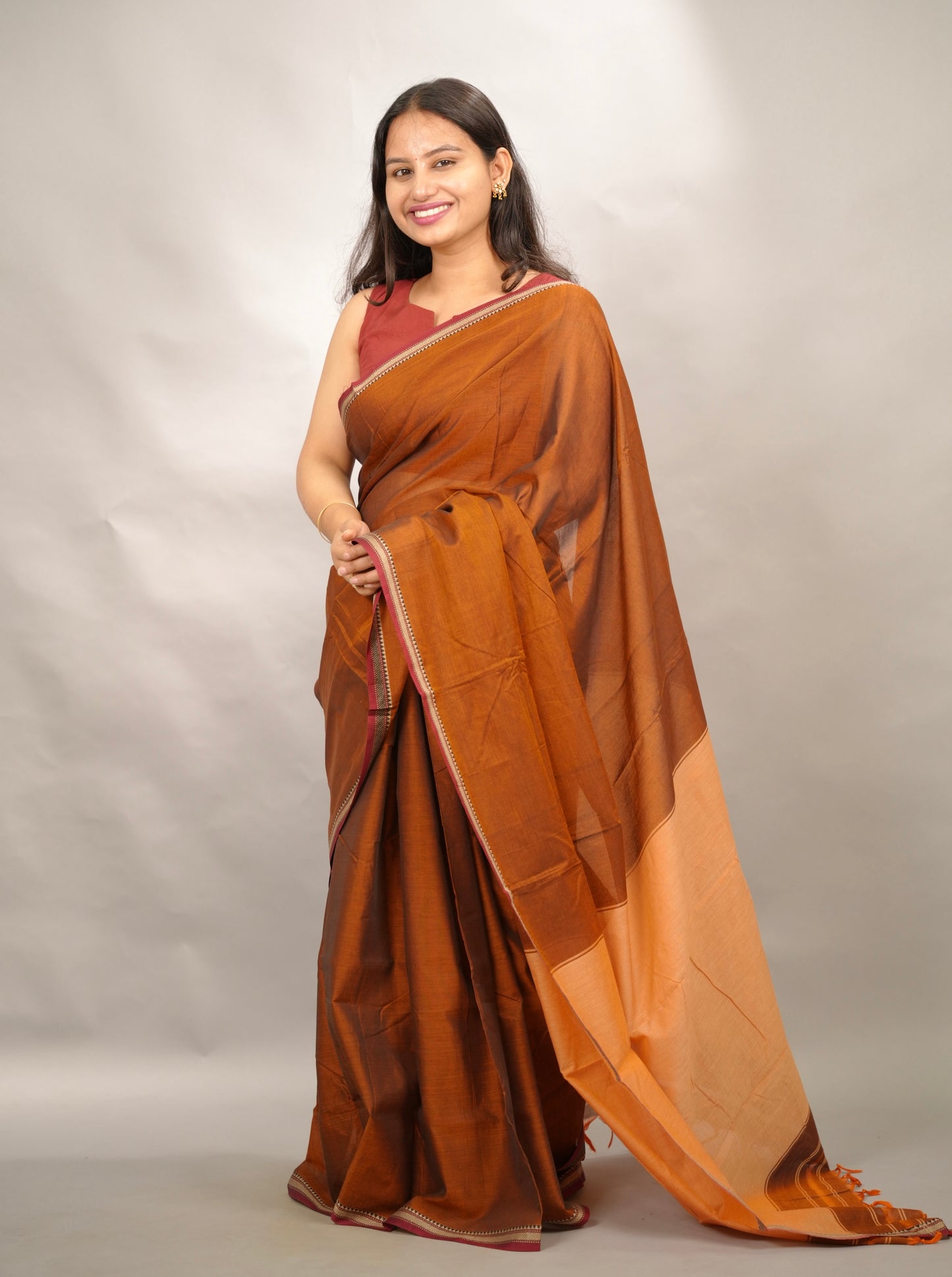 Rust Orange Narayanpet Cotton Saree | Looms & Tassels