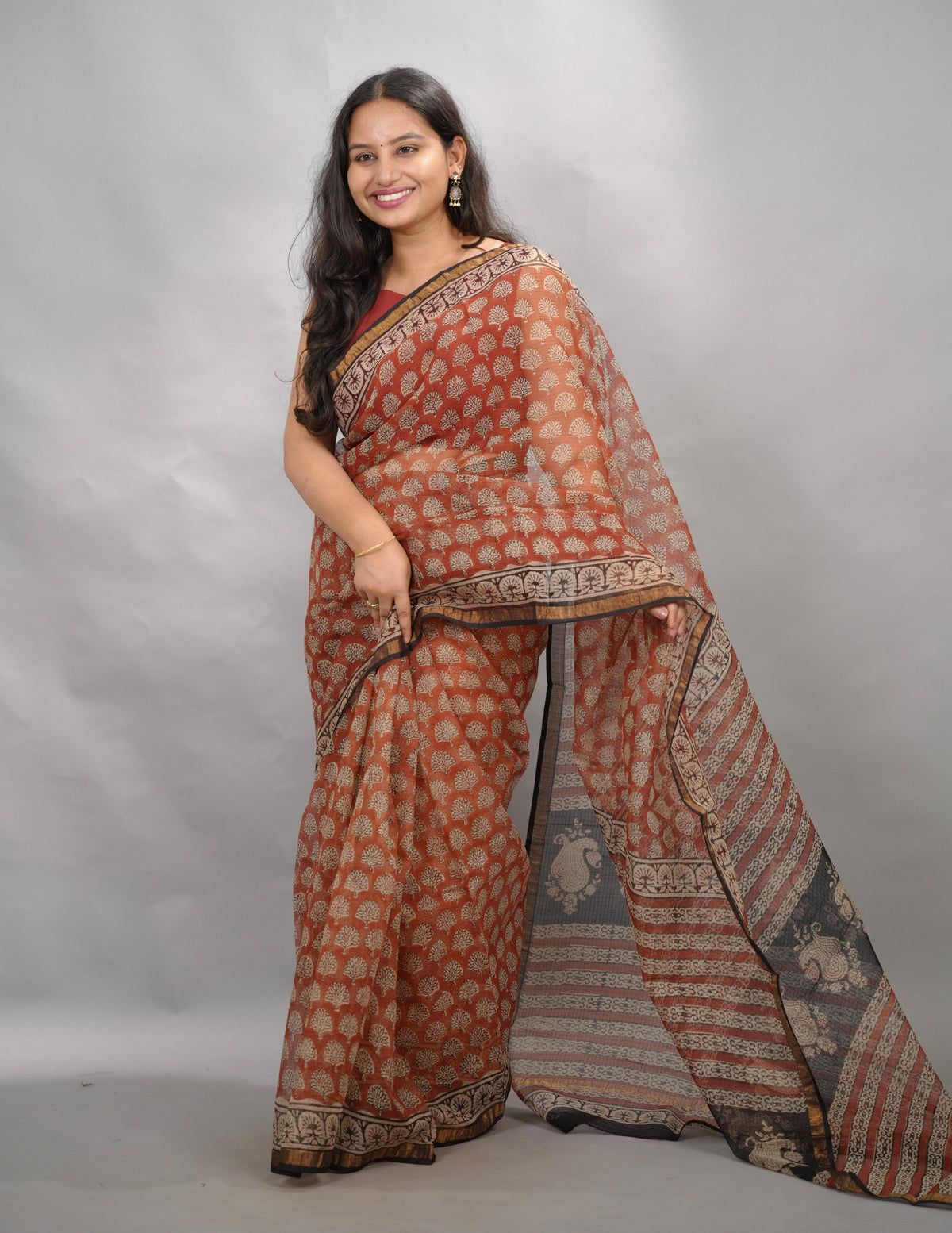 Maroon Pure Kota Doria Saree with Bagru Handblock Prints | Looms & Tassels