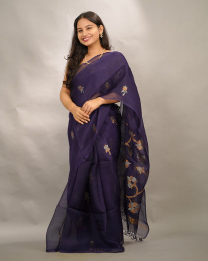 Blue Handloom Muslin Silk Saree With jamdhani weaving | Looms & Tassels