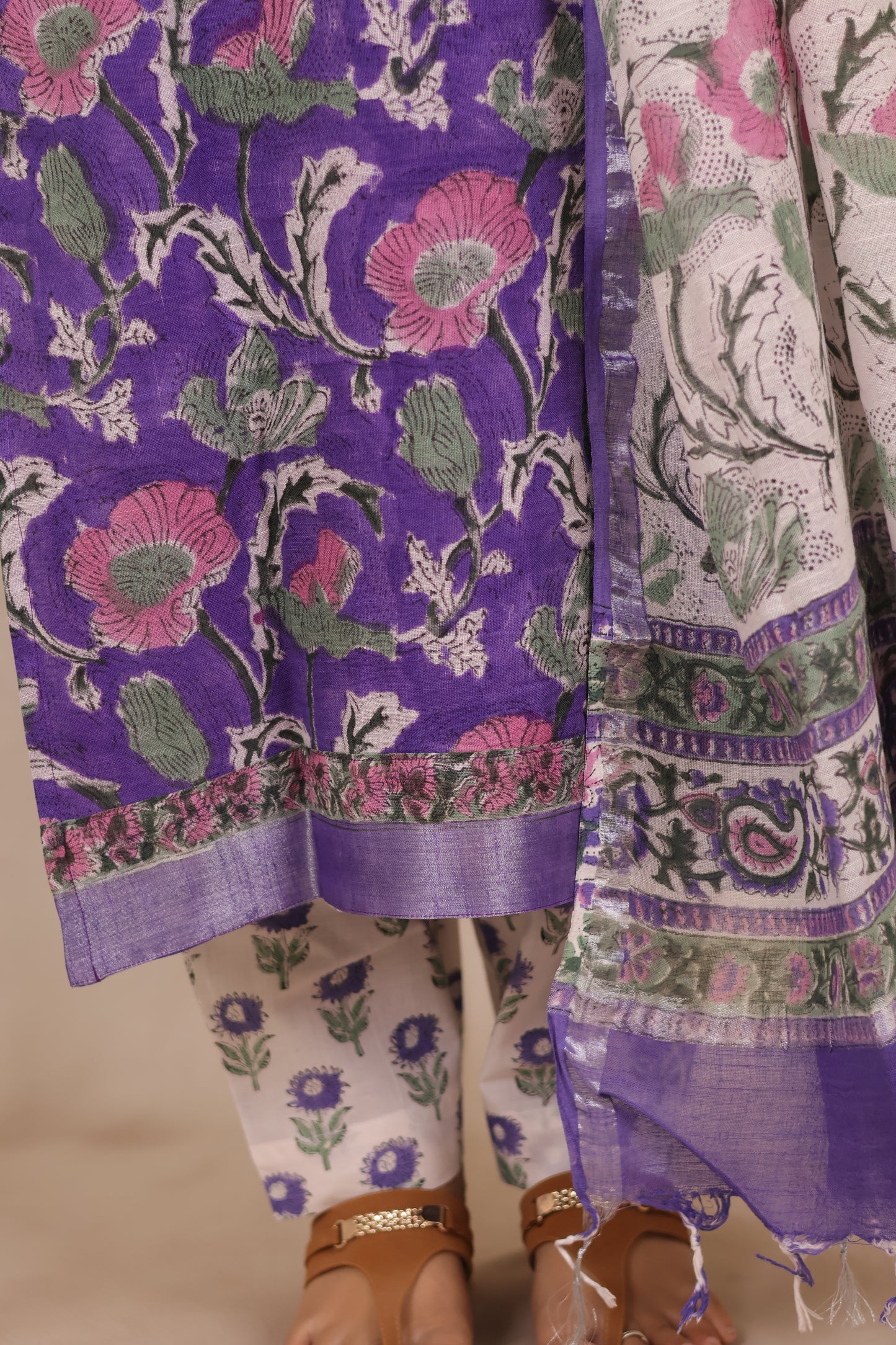 Lavender Linen Cotton Handblock printed 3 piece suit (stitched)