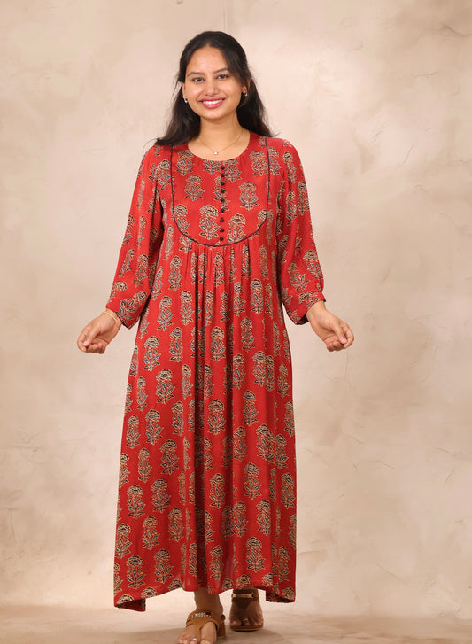 Red Ajrakh Modal Silk Aline Dress | Looms & Tassels