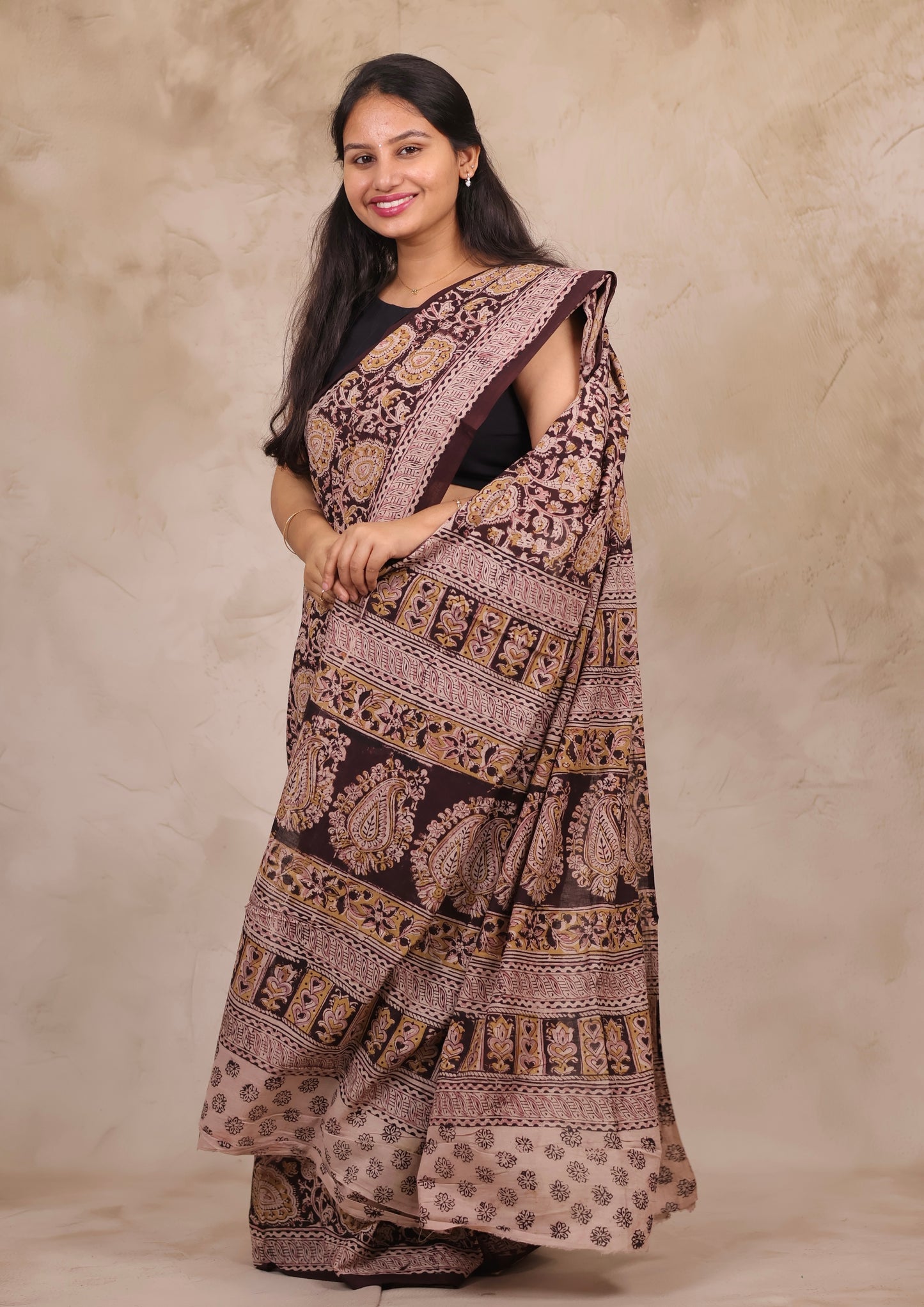 Maroon Hand Block Printed Kalamkari Cotton Saree | Looms & Tassels