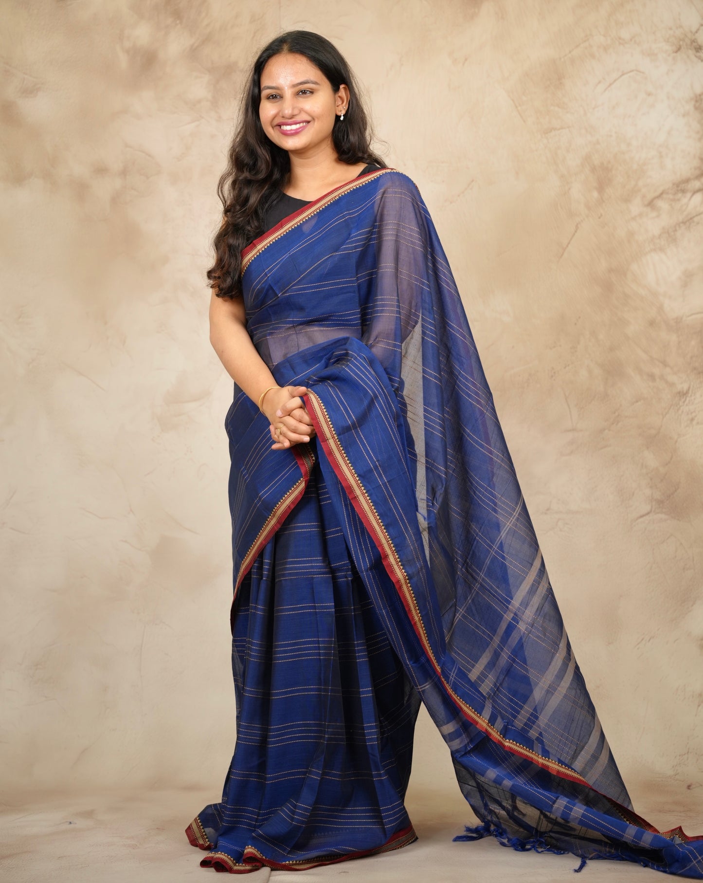 Blue Narayanpet Cotton Saree lines weaving | Looms & Tassels