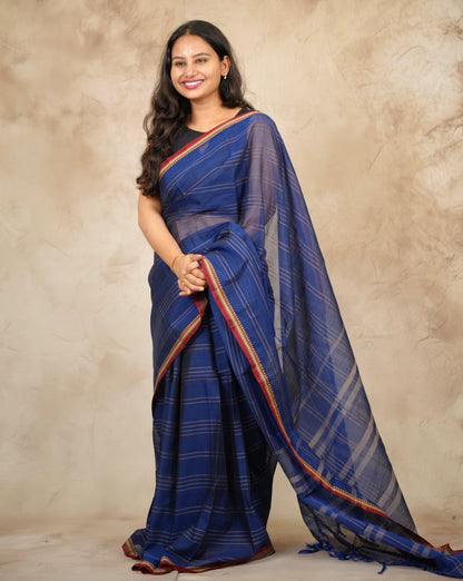 Blue Narayanpet Cotton Saree lines weaving | Looms & Tassels
