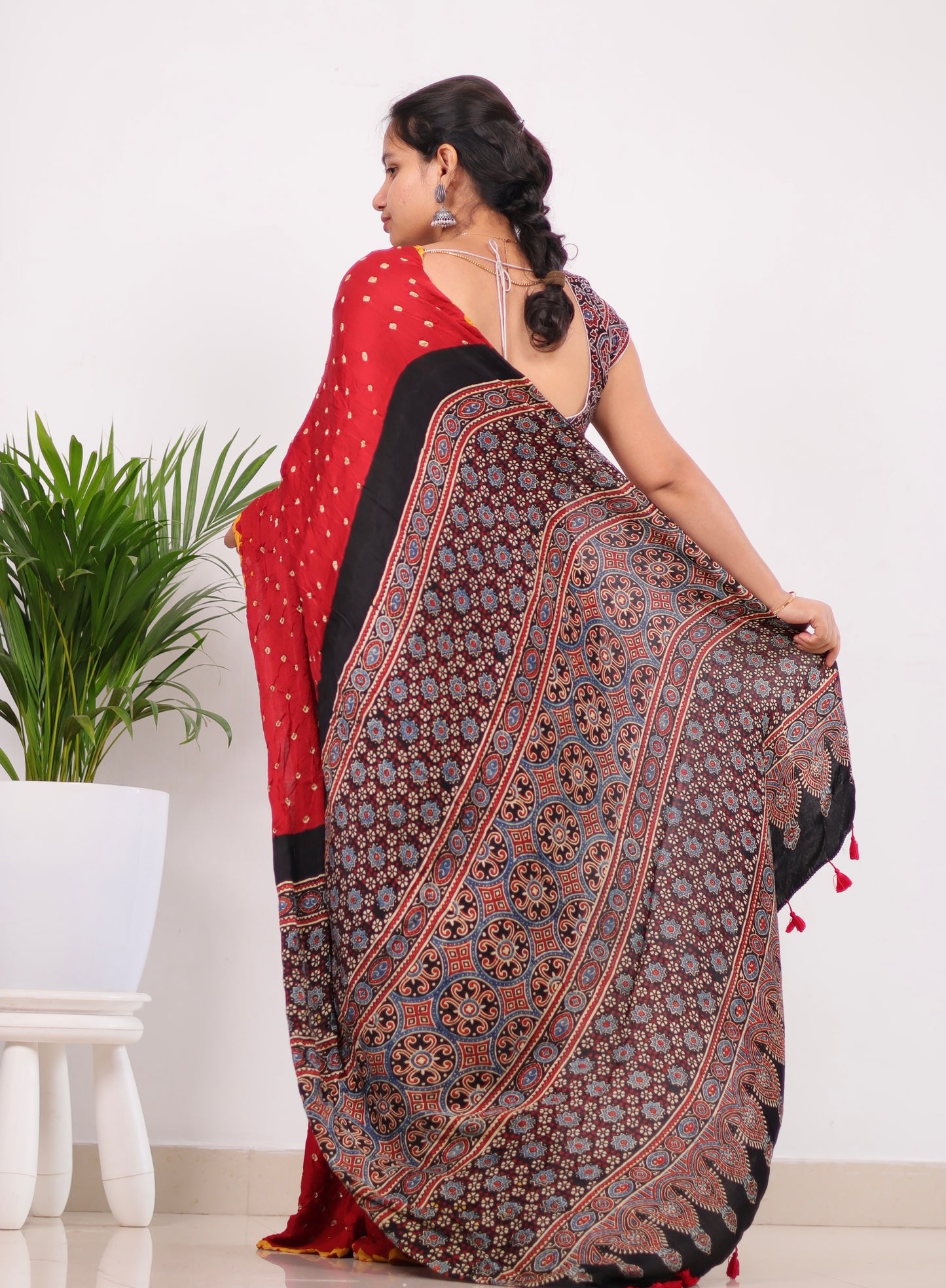 Red Ajrakh Bandhej Modal Silk Saree