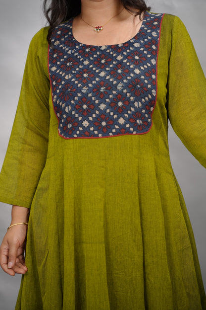 Green Ajrakh Patch Work Narayanpet Cotton Anarkali Dress with Narayanpet Dupatta | Looms & Tassels